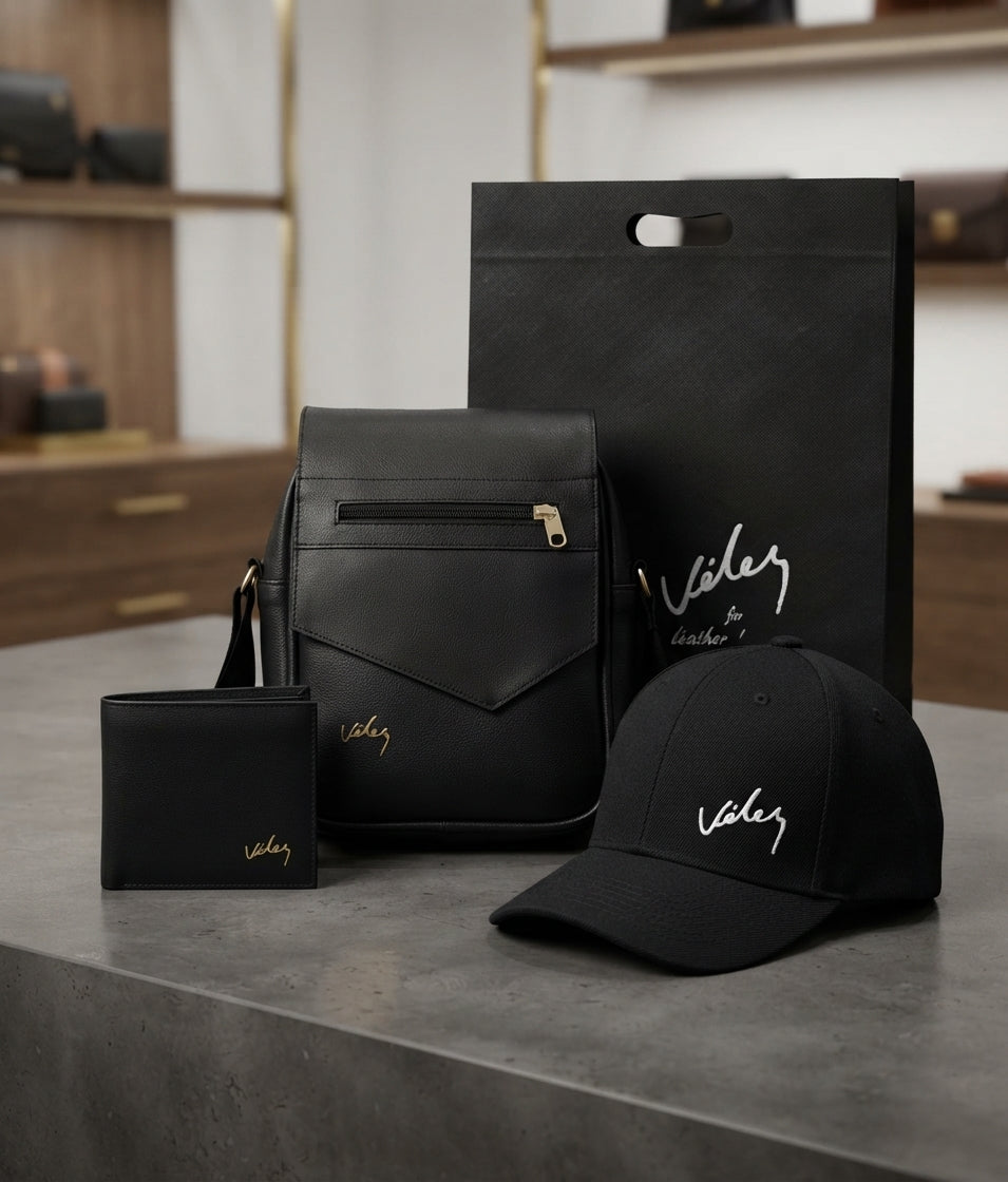 Trío Vélez Carriel + Billetera + Gorra – Set Hombre Cuero