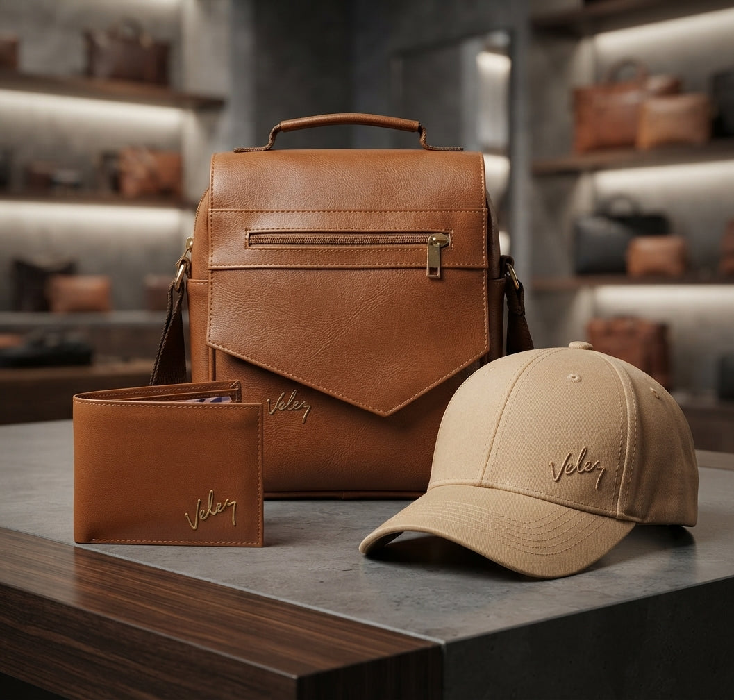 Trío Vélez Carriel + Billetera + Gorra – Set Hombre Cuero