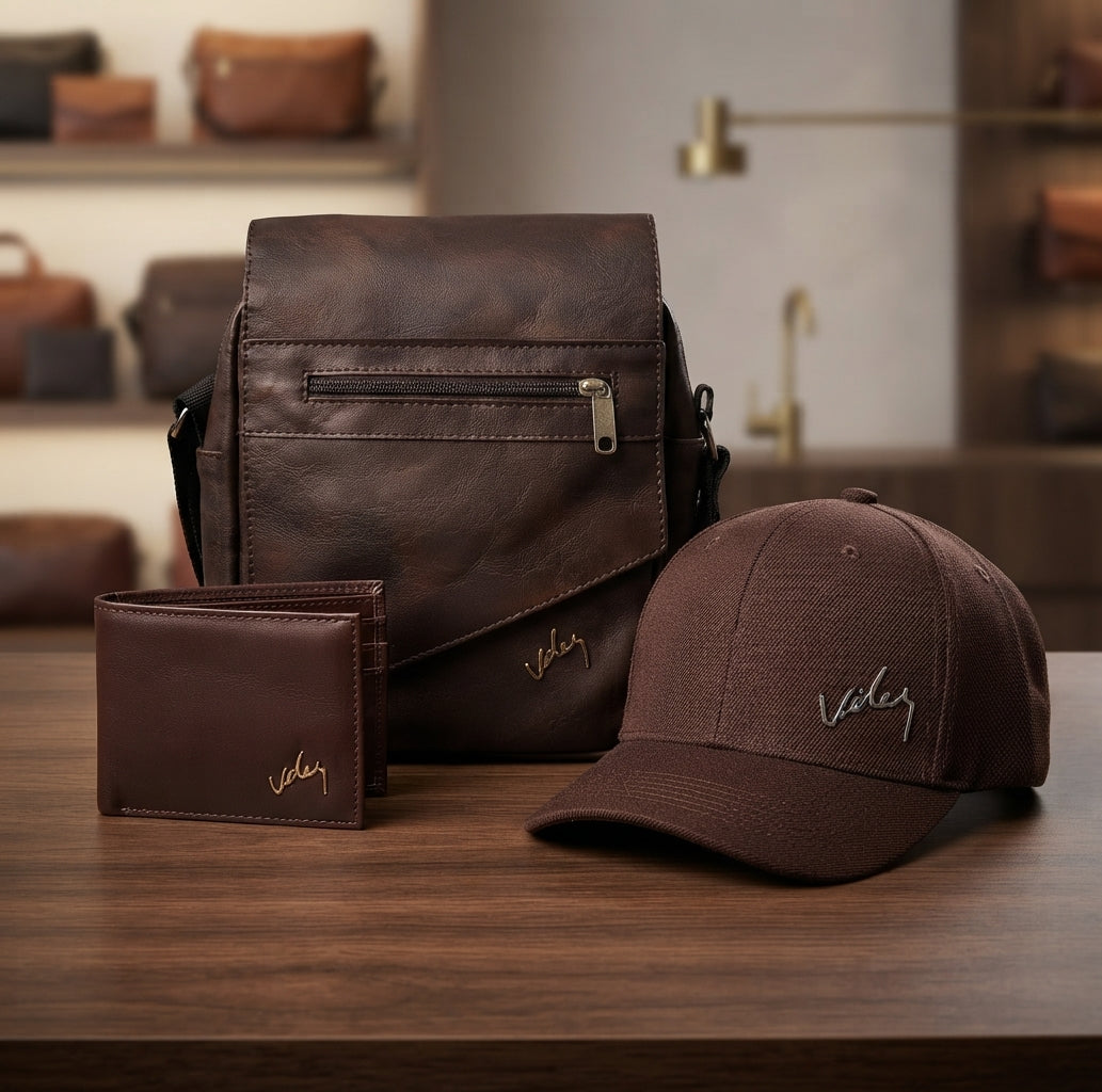 Trío Vélez Carriel + Billetera + Gorra – Set Hombre Cuero